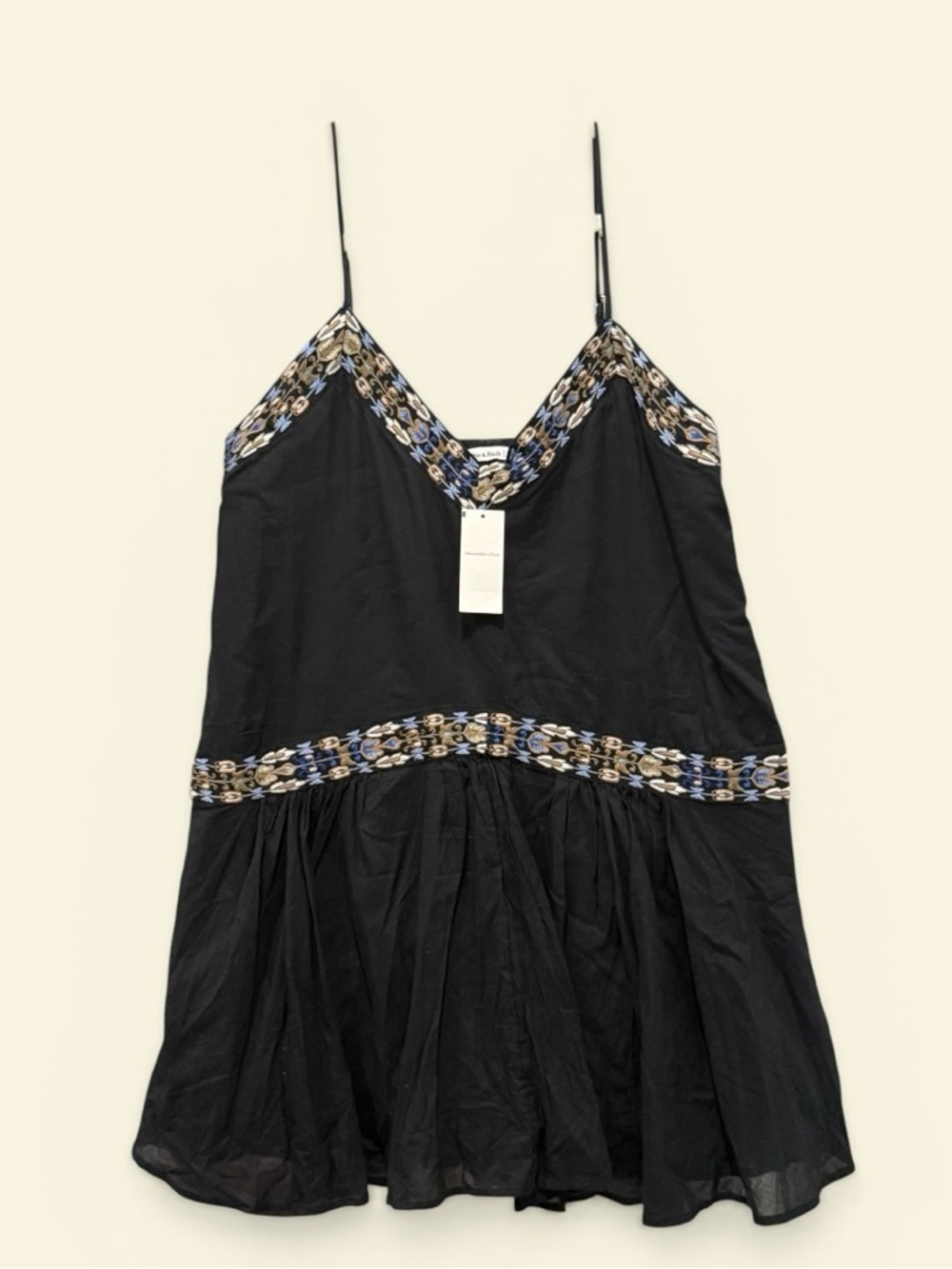 Abercrombie & Fitch Black Embroidered Slip Dress with Blue & Tan Trim